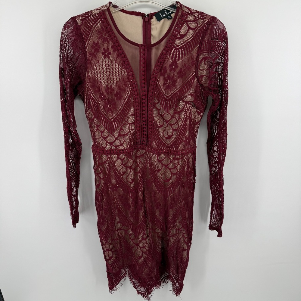 Lulus Burgundy Lace Long Sleeve Bodycon Dress V-Neck‎ Pom Pom Trim Maroon Medium